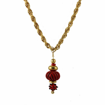 Handmade red cinnabar pendant and vintage gold chain