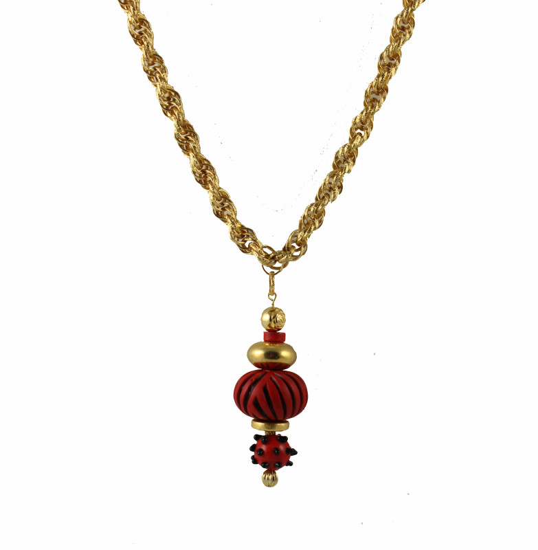 Handmade red cinnabar pendant and vintage gold chain