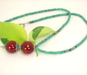 Turquoise and Red Porcelain Balls Lariat Looking Necklace