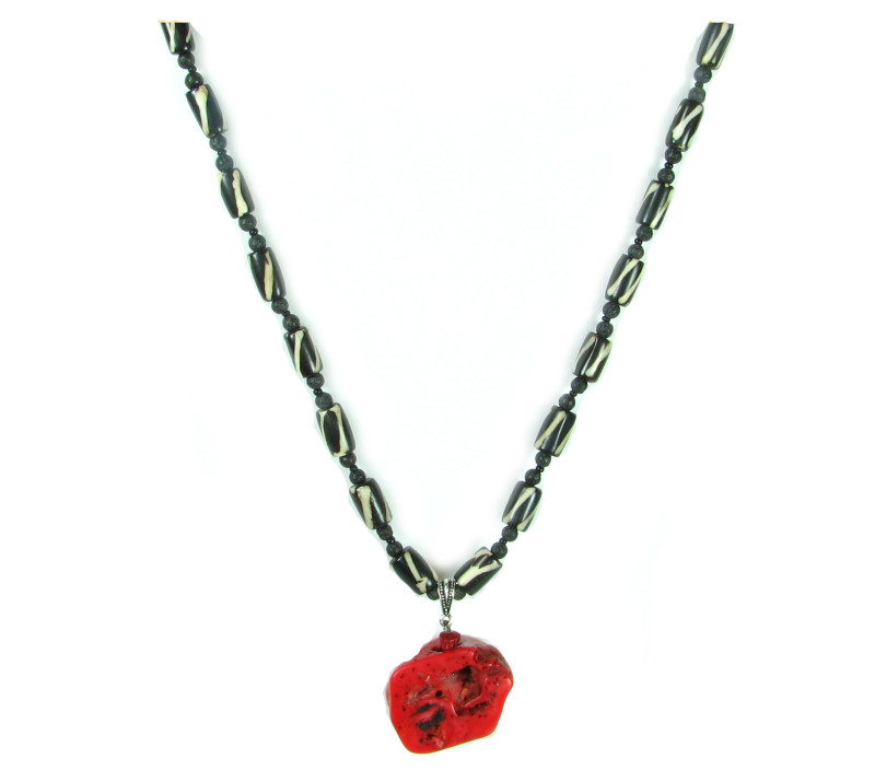 Coral pendant and Black and White African chain