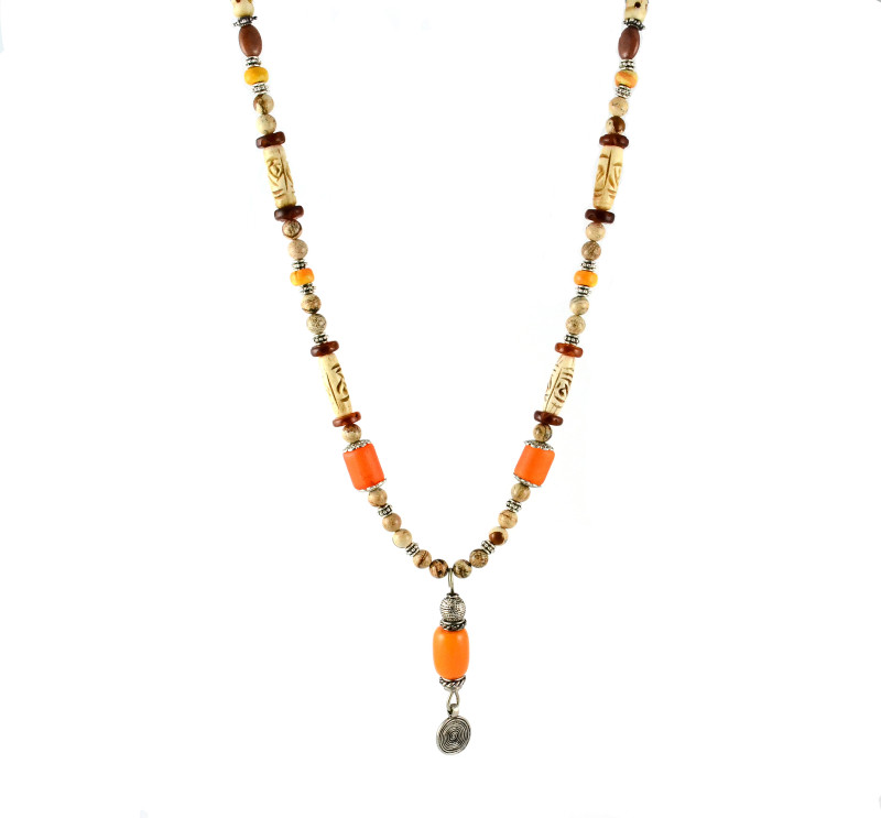 Ethnic Necklace in Shades of Beige, Brown, Pumpkinand Silver