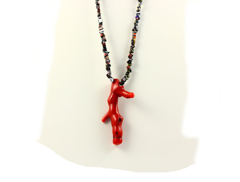 Coral Tree Pendant Hanging On Millefiori Chain