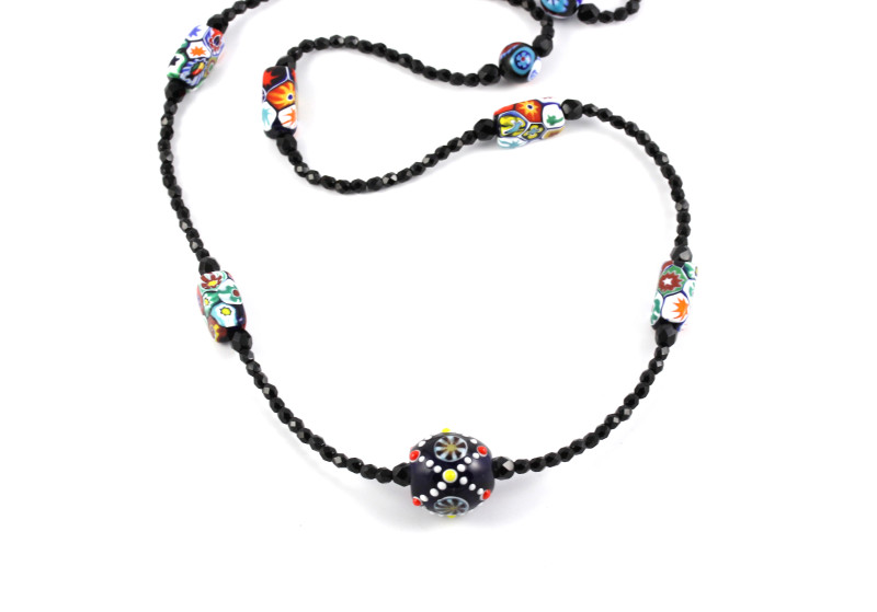 Necklace with Black and Colorful Millefiori Beads