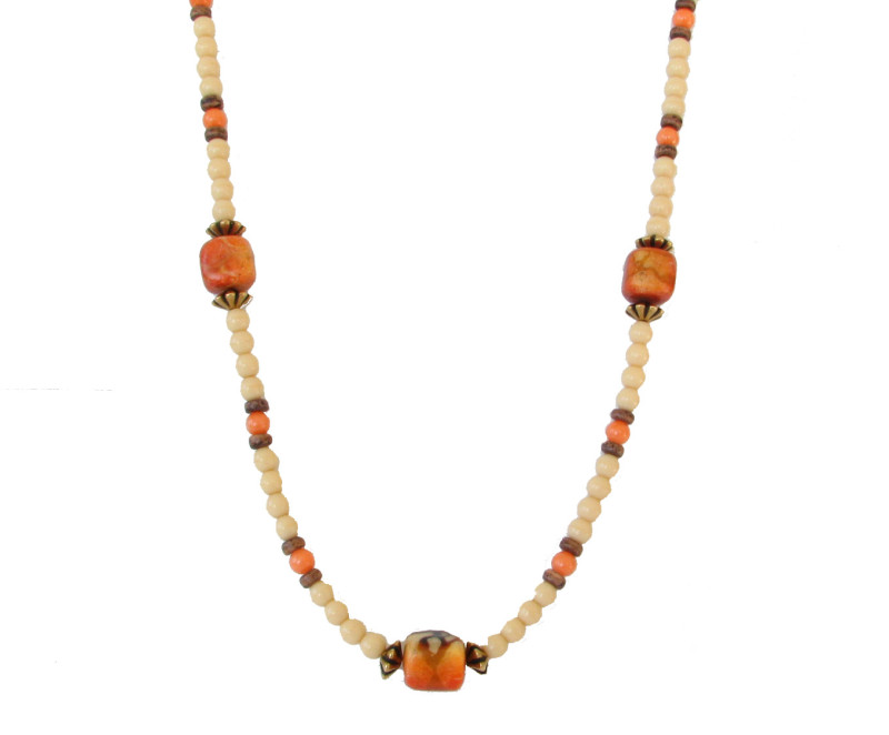 Vintage Mystery Jasper Long Necklace in cream, beige, and burnt orange