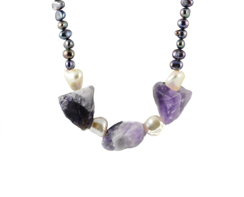 Unpolished Amethyst and Peacock Pearls Necklace