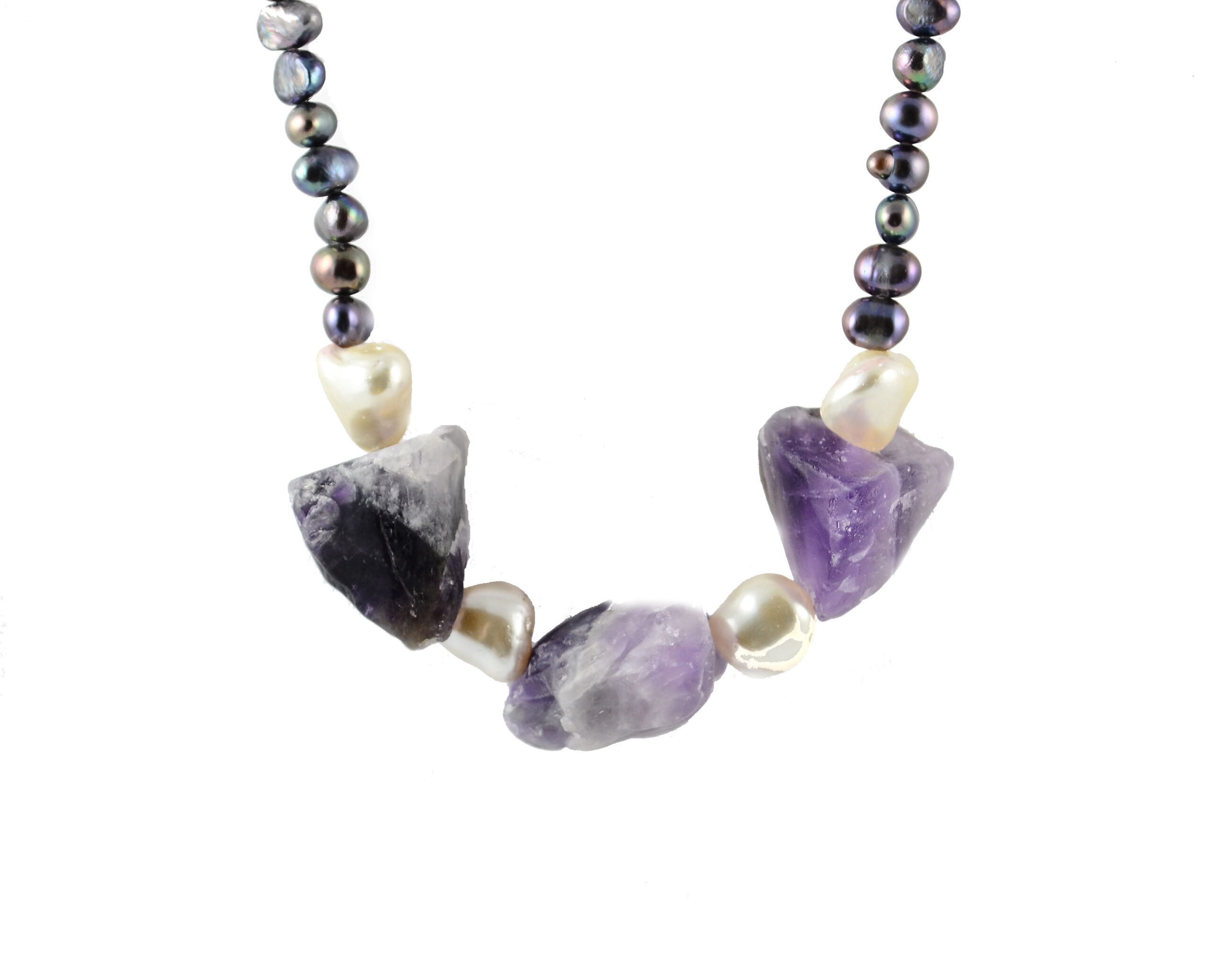 Unpolished Amethyst and Peacock Pearls Necklace