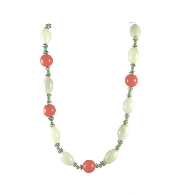 A Necklace of Light Green Aventurine Ovals with Asymmetrical Orange Balls