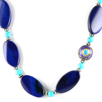 Electric Blue Necklace with a Touch of Turquoise and Cloisonné Focal