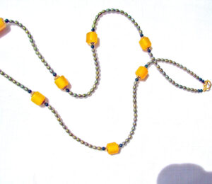 Illusion Necklace of Olive Green Pearls Chain and Yellow Amber Focal