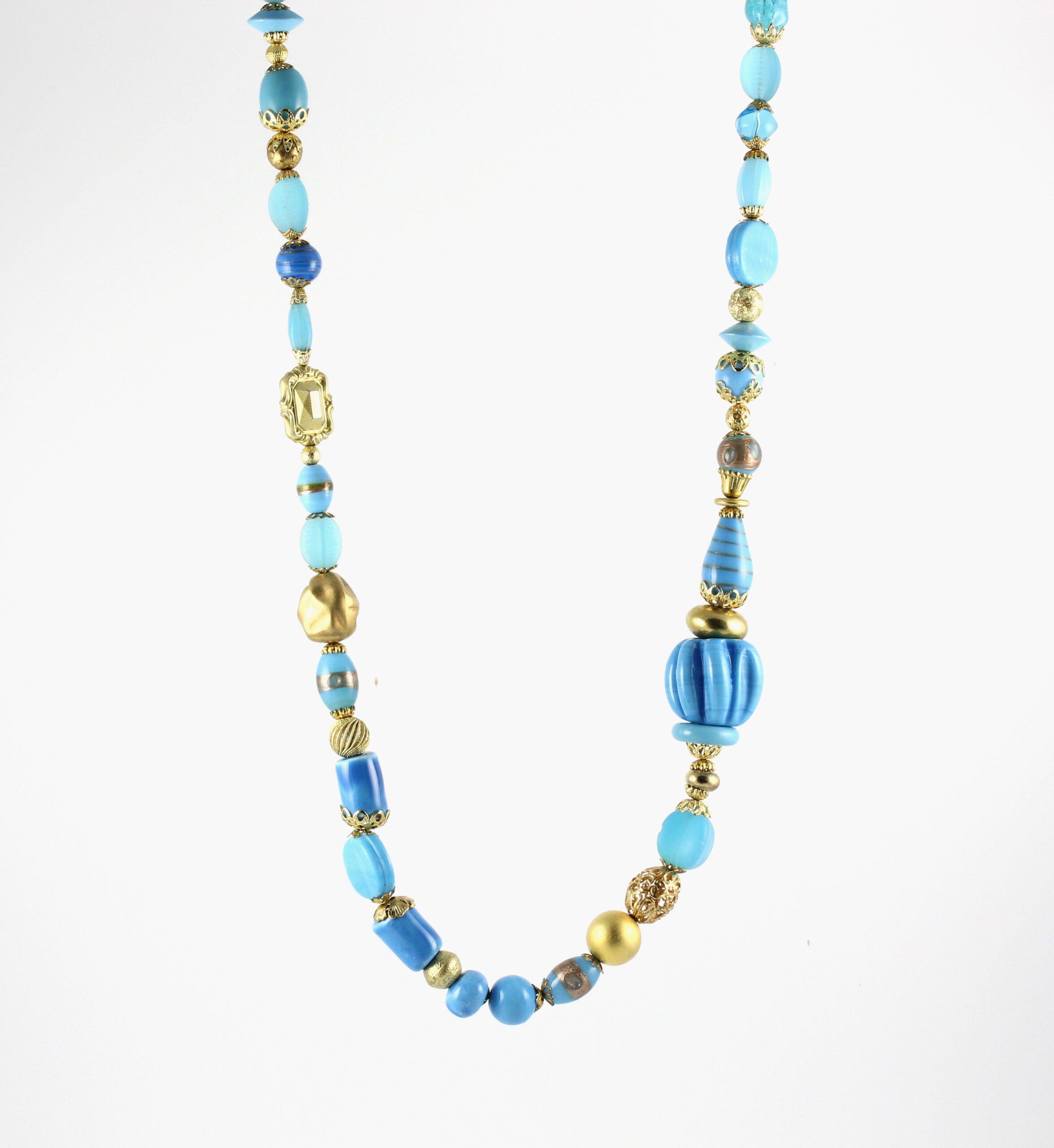 Aqua, Blue and Gold Randomly Beaded Necklace. One of a Kind. - Image 4