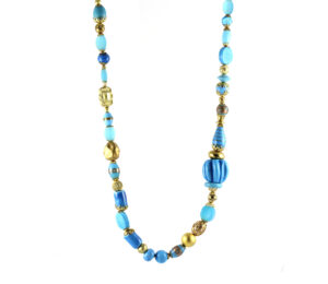 Aqua, Blue and Gold Randomly Beaded Necklace. One of a Kind.