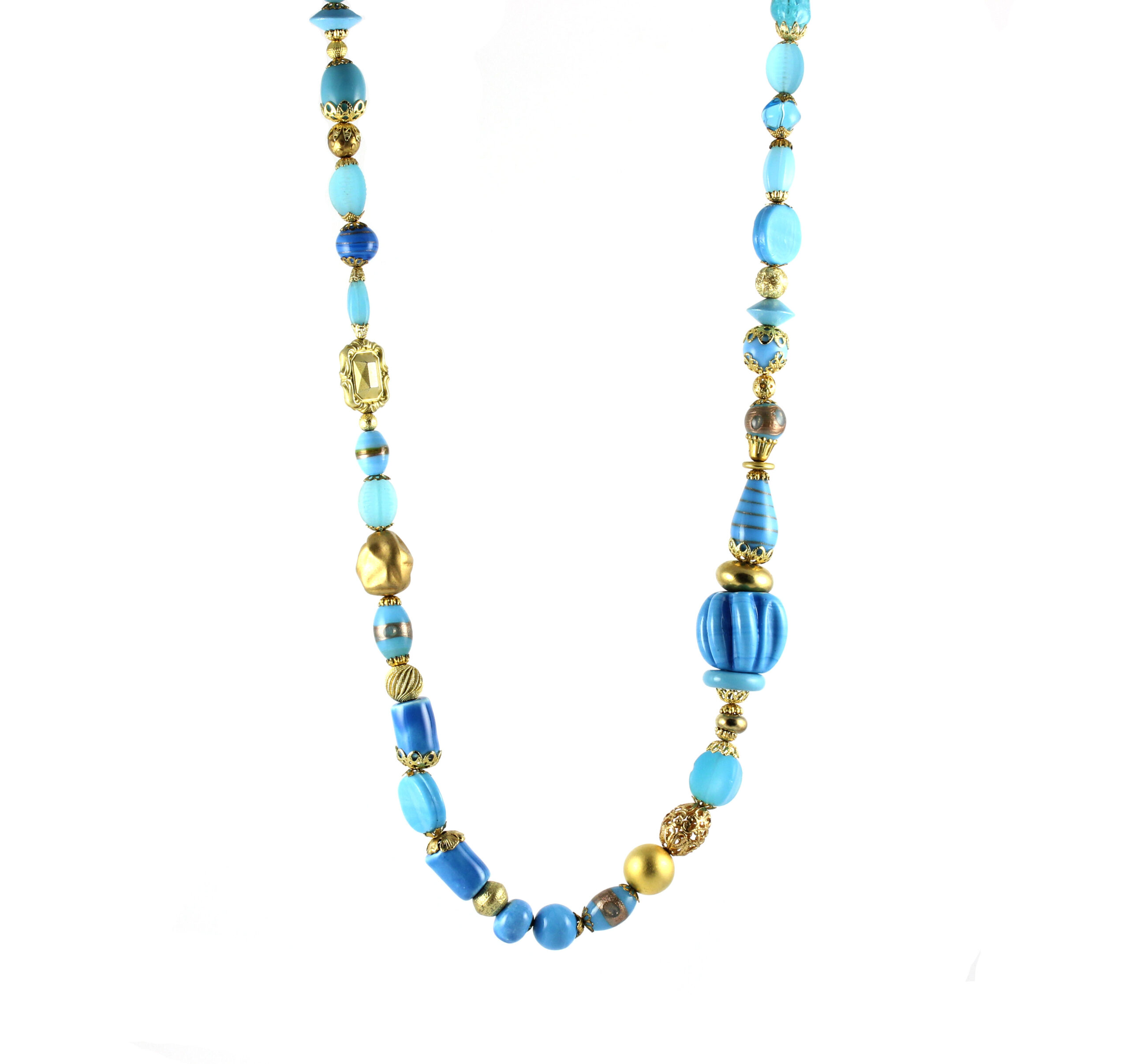 Aqua, Blue and Gold Randomly Beaded Necklace. One of a Kind.