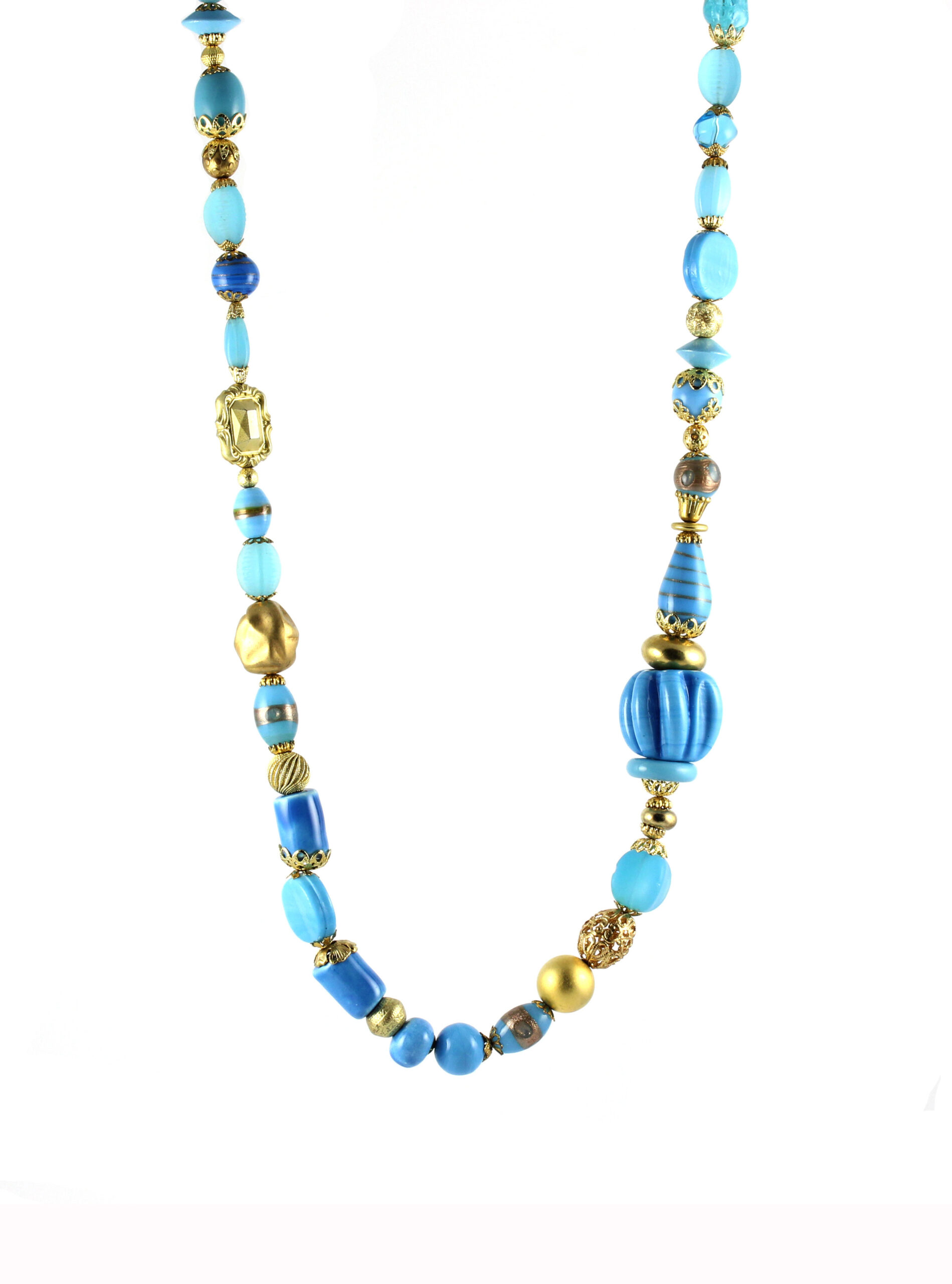 Aqua, Blue and Gold Randomly Beaded Necklace. One of a Kind. - Image 5