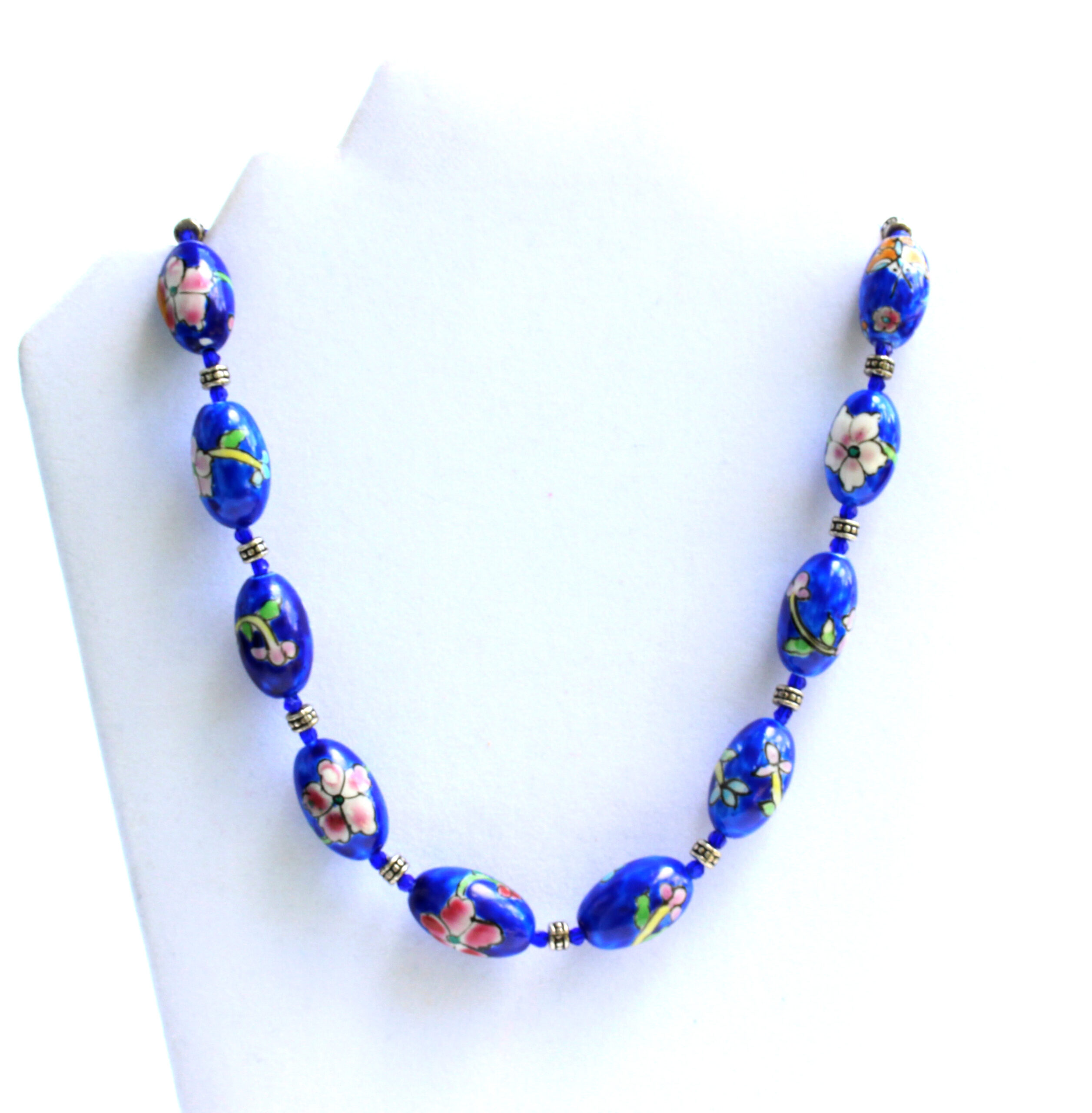 Electric Blue, Royal Blue Necklace Decorated with Pink and Coral Flowers