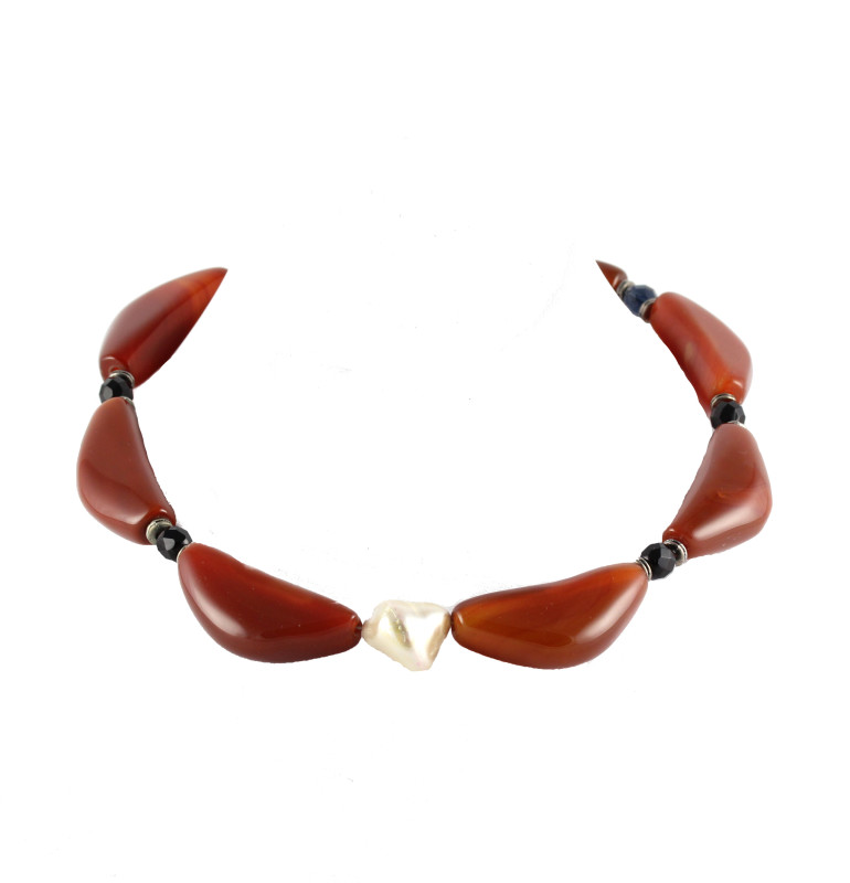 Choker of Rust Quarter-Moon Agates and A Pearl Focal