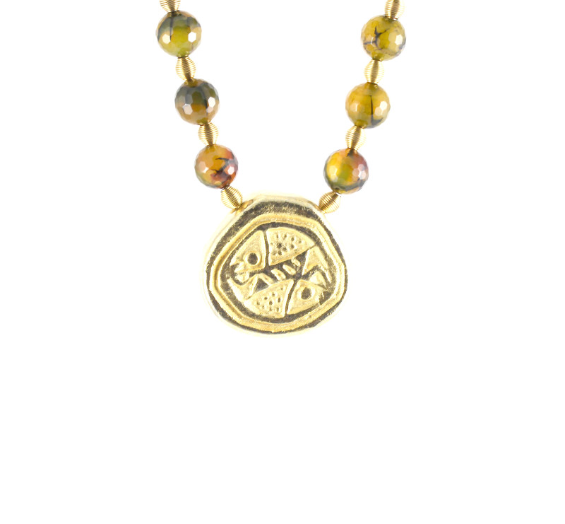 Antique-Looking Gold Coin Pendant on an Agate Chain