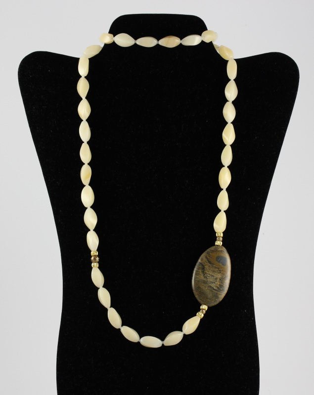 Long Cream Jade Necklace with Artist Jasper Focal