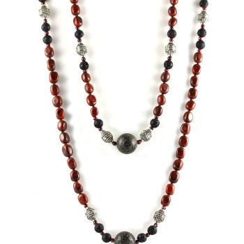 A Necklace of Wine Color Jasper Cubes with Lava Focal and Bali Beads