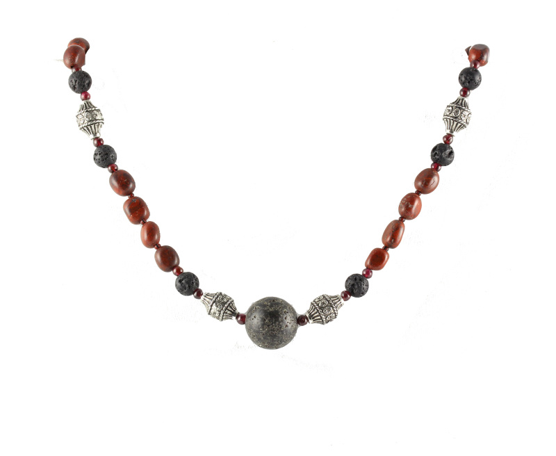 A Necklace of Wine Color Jasper Cubes with Lava Focal and Bali Beads