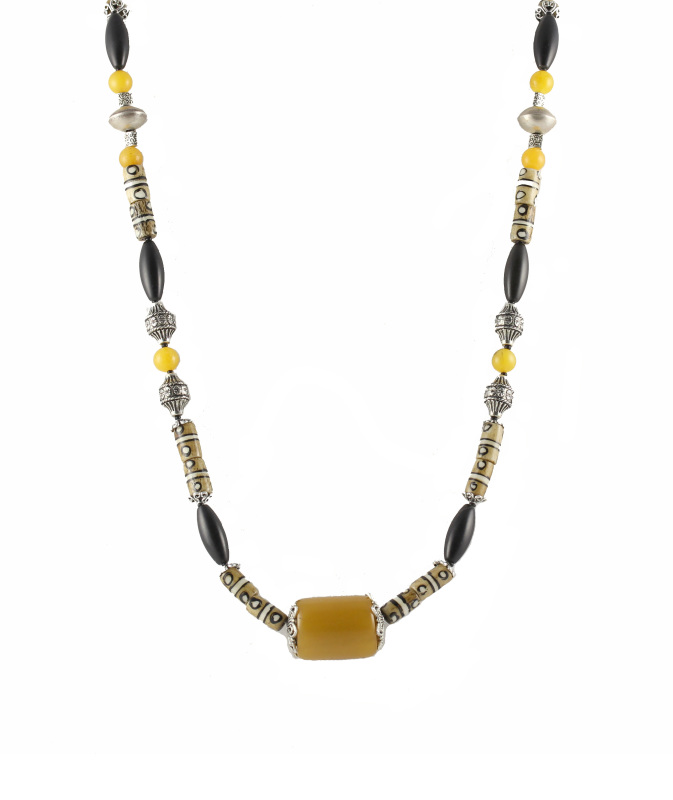 Tribal beige, black, yellow, and silver long necklace