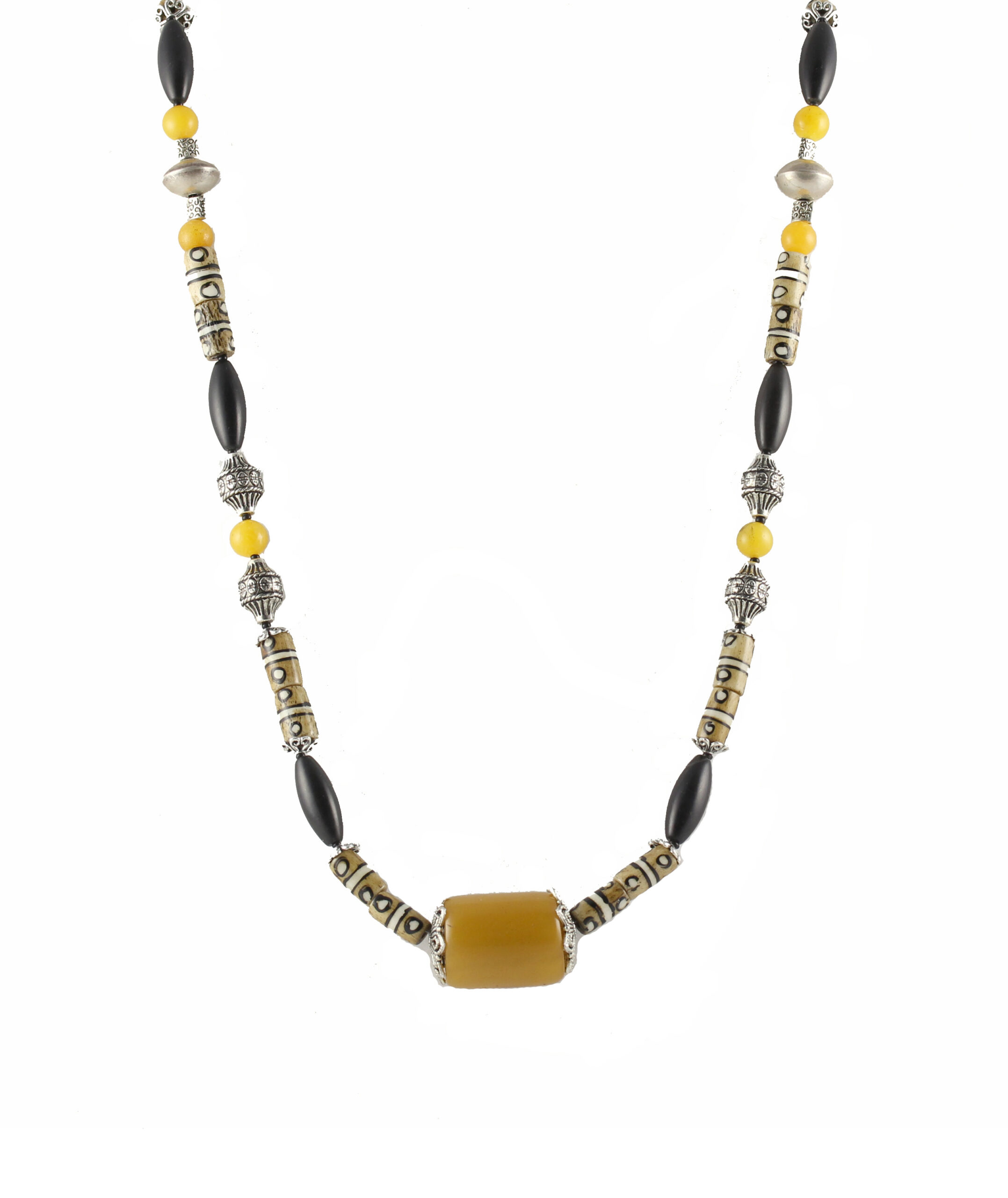 Beige Black Yellow and Silver Tribal Style Necklace