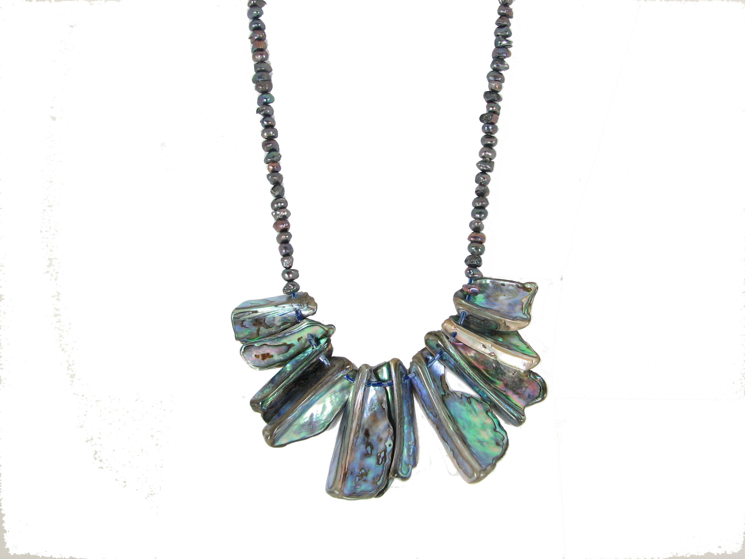 Dramatic Mother of Pearl "Fan" Necklace with Peacock Pearls chain