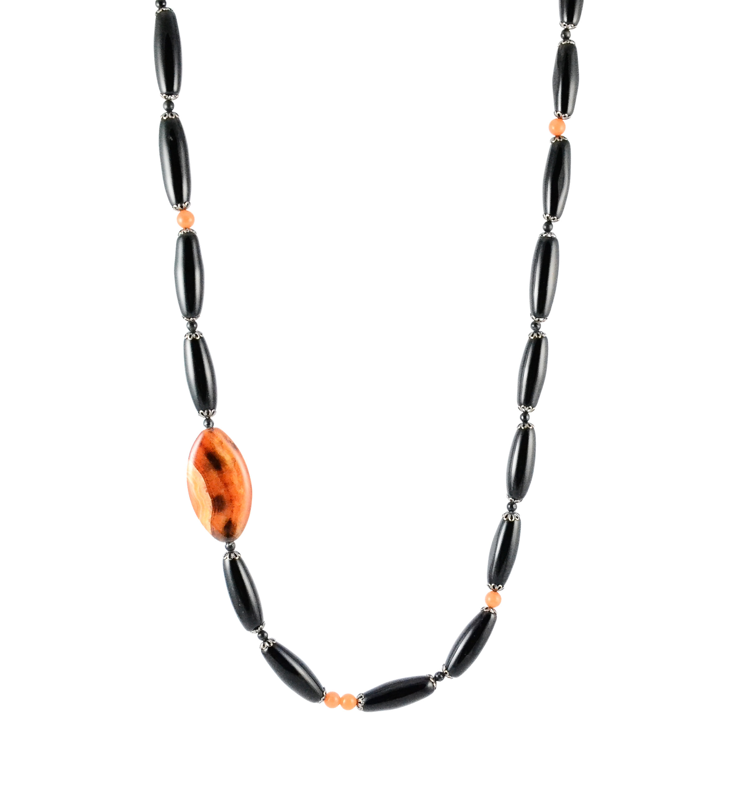 Long Onyx Necklace with Rust Color Agate Focal
