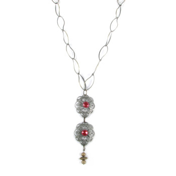 Two Filligree Vintage Looking pendants with wine pearls on a Chain