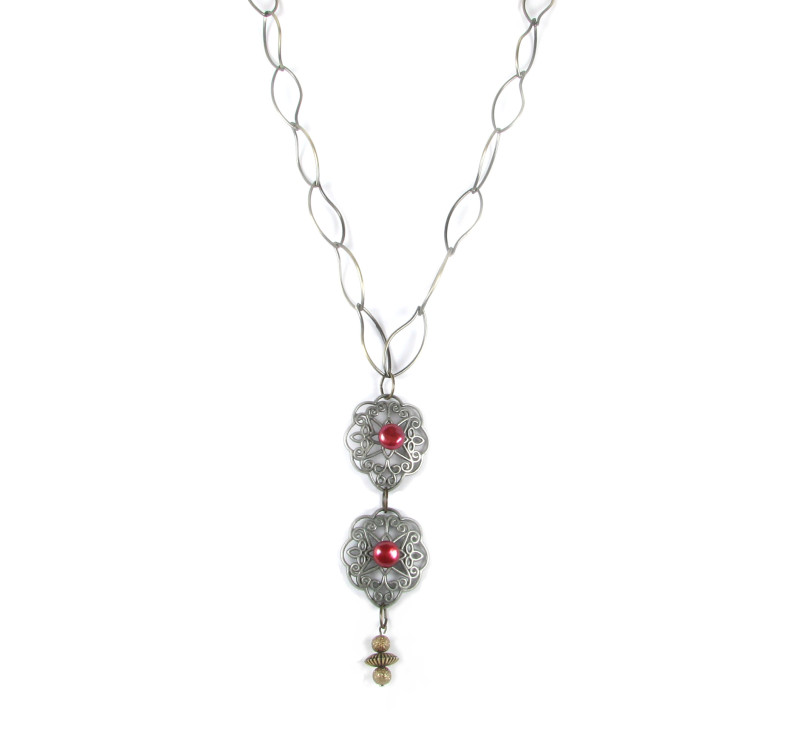 Two Filligree Vintage Looking pendants with wine pearls on a Chain
