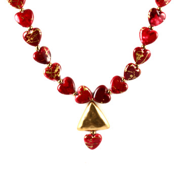Lacquered Red and Gold Hearts Necklace for Valentine’s Day and All Year Round