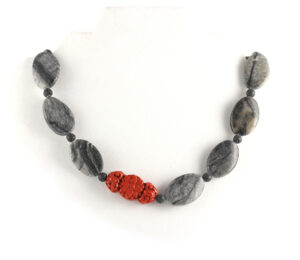 Gray and Black Marble Jasper Necklace with Red Cinnabar Focal