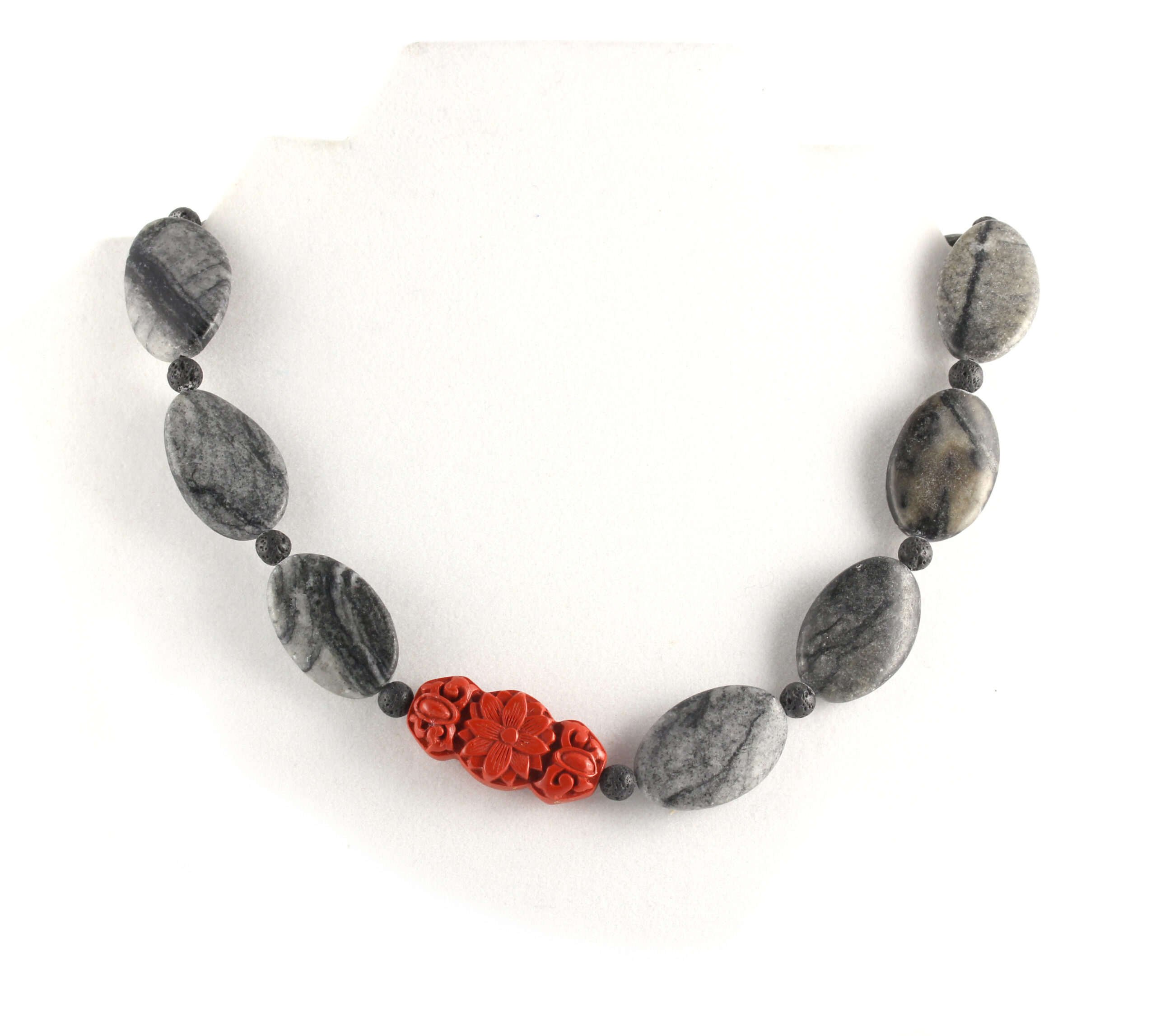 Gray and Black Marble Jasper Necklace with Red Cinnabar Focal