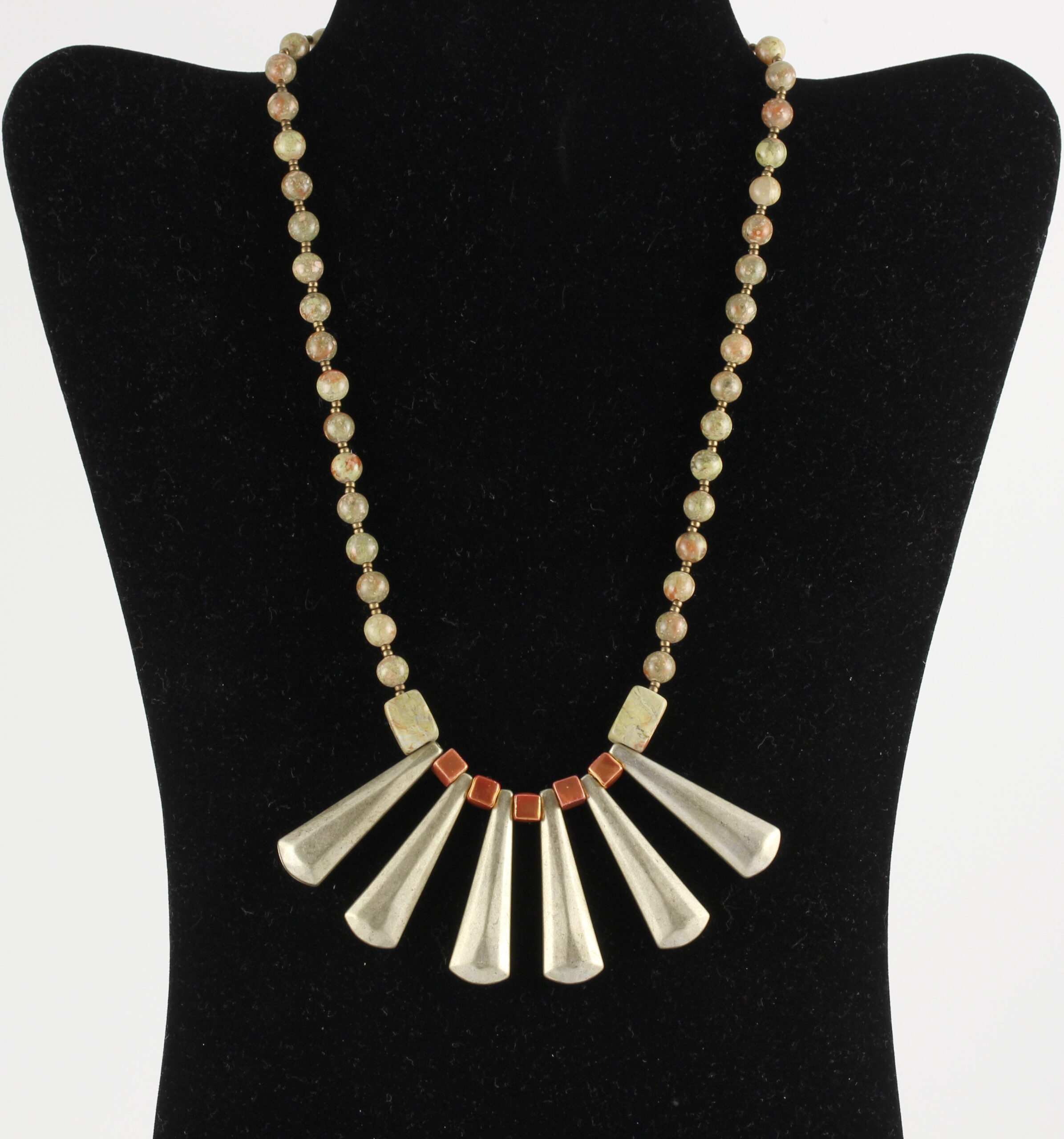 Art Deco Style Necklace with Silver and Unakite
