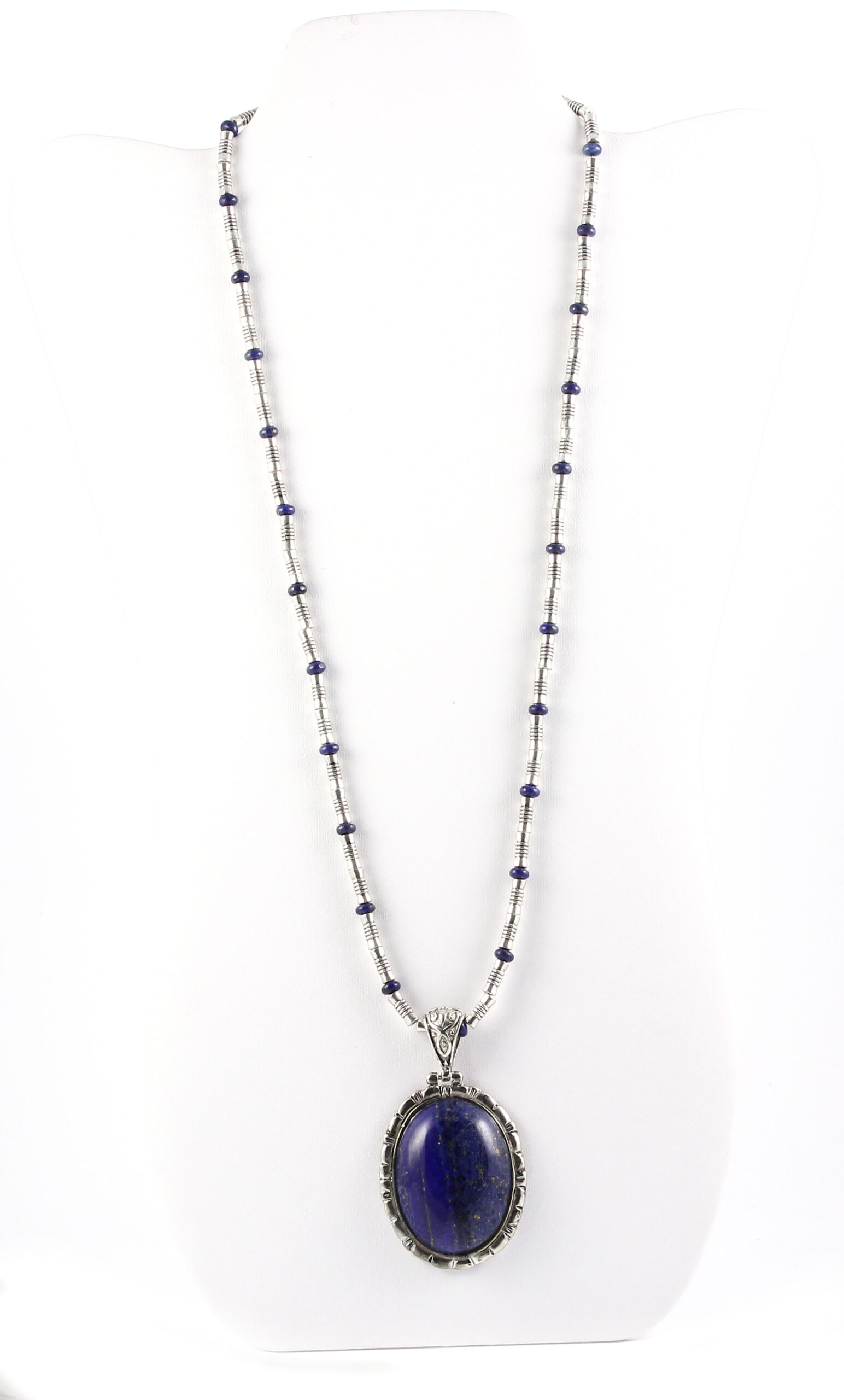 Large Blue Lapis and Silver Pendant on Pewter and Lapis Chain - Image 2
