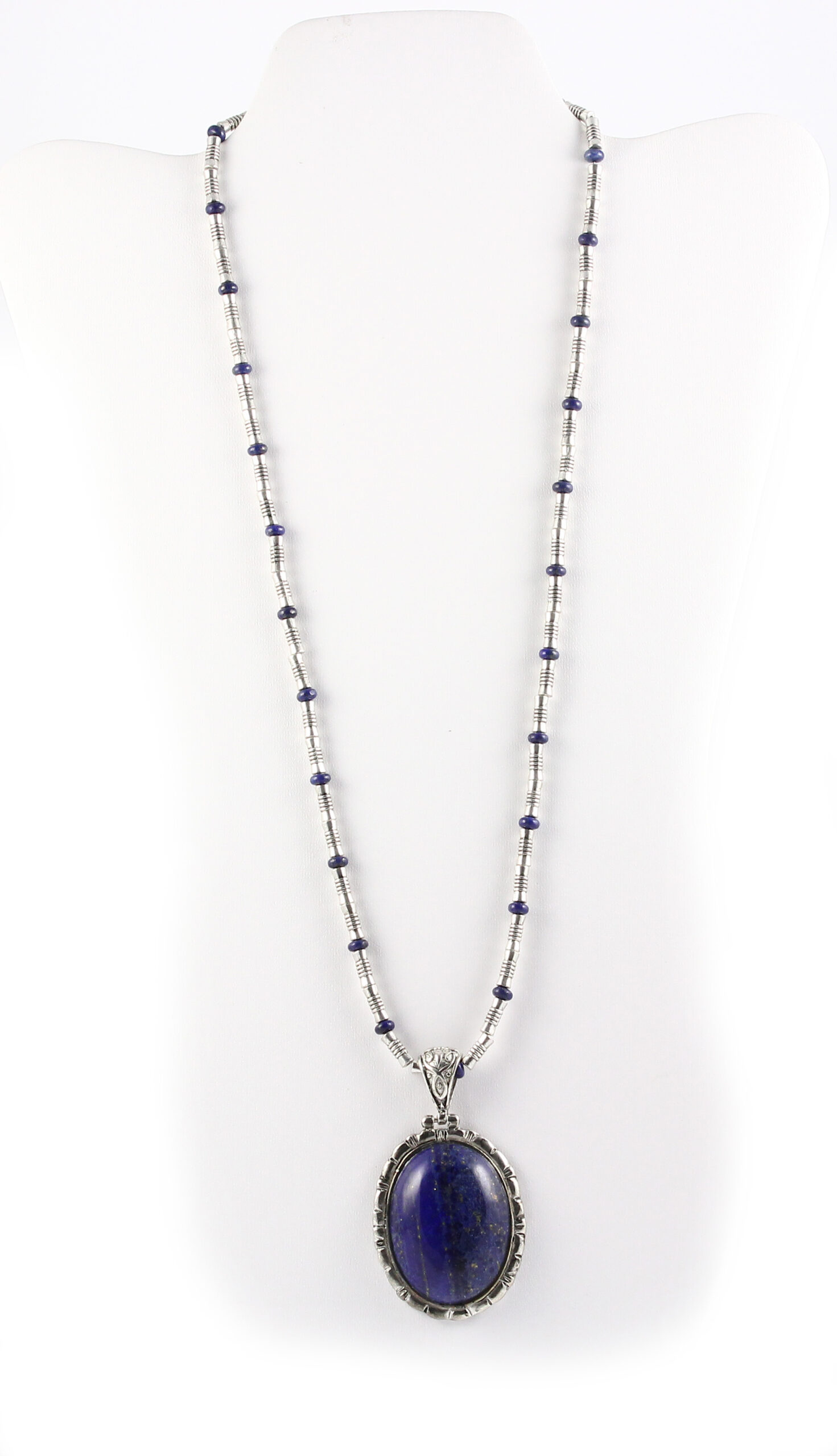 Large Blue Lapis and Silver Pendant on Pewter and Lapis Chain - Image 4
