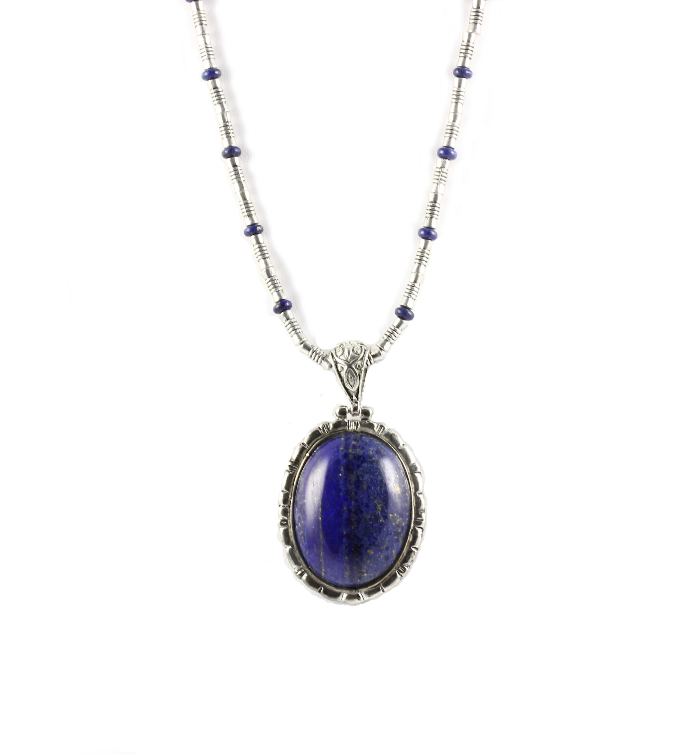 Large Blue Lapis and Silver Pendant on Pewter and Lapis Chain