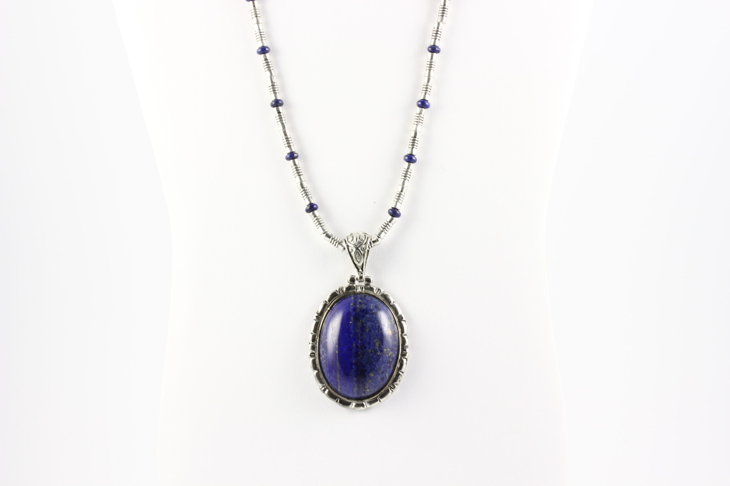 Large Blue Lapis and Silver Pendant on Pewter and Lapis Chain - Image 5