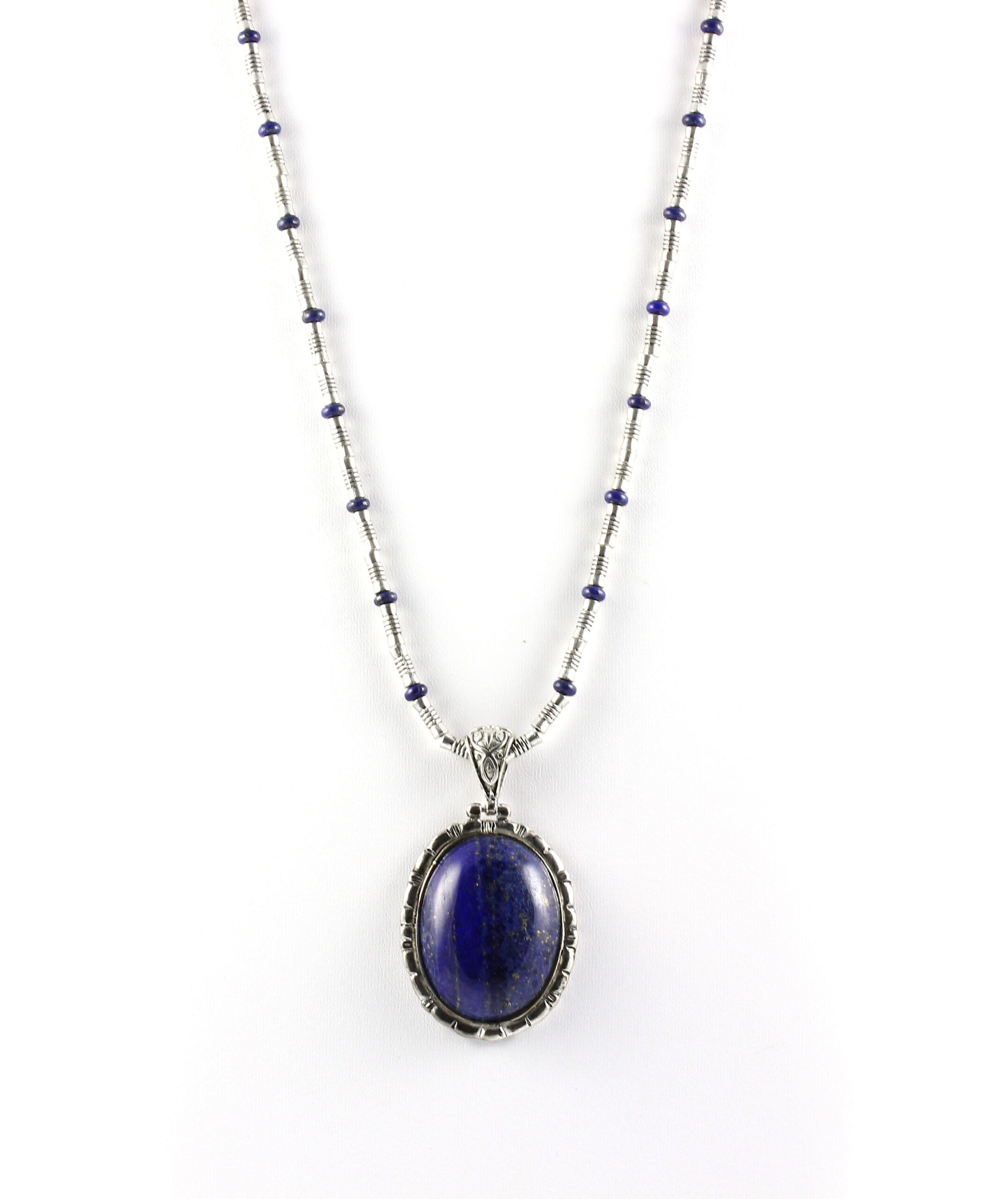 Large Blue Lapis and Silver Pendant on Pewter and Lapis Chain - Image 3