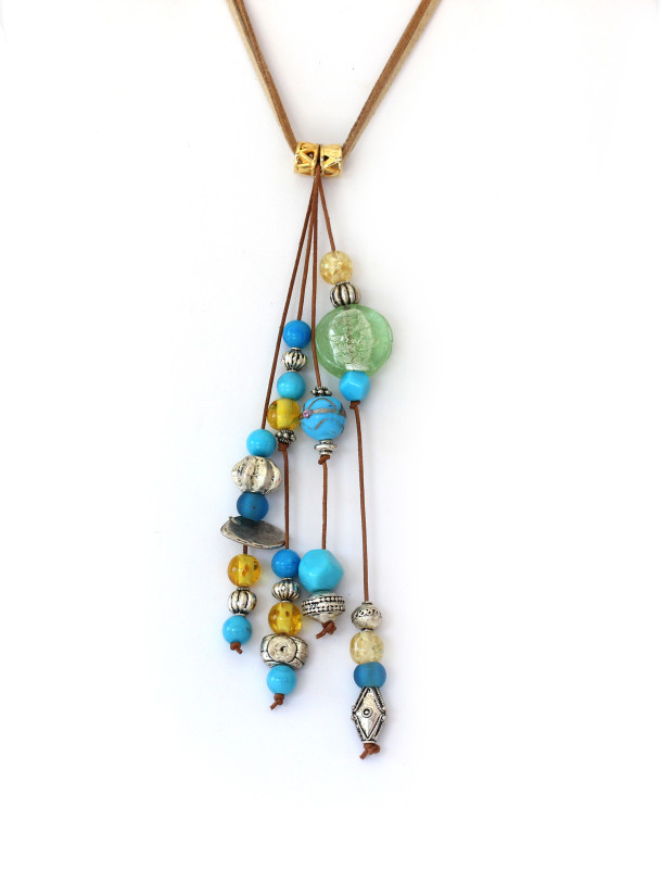 Fun Brown/Beige Leather Necklace with dangling straps of Aqua, Silver, Blue, and Yellow Beads