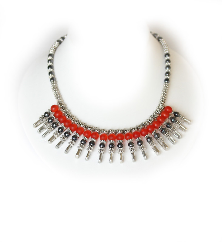 Red silver and gray safety pins choker