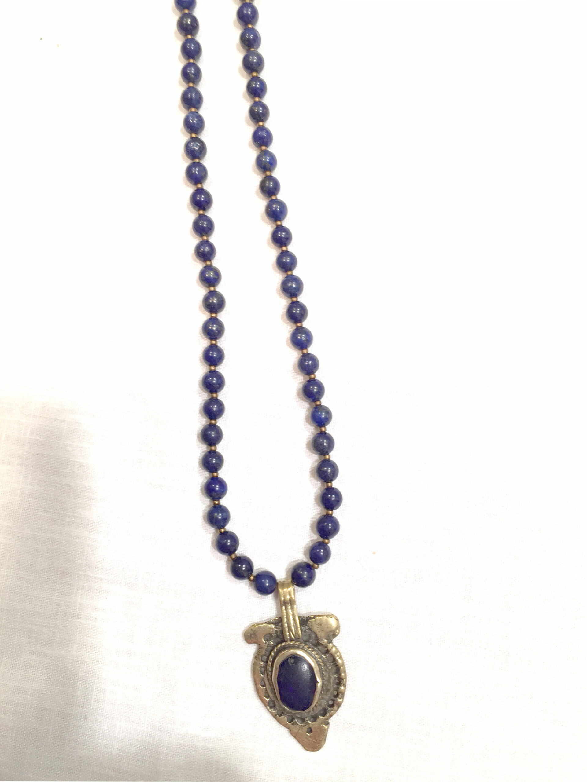 Brass Ethnic Lapis Lazuli Pendant Hanging on Lapis Chain - Image 3