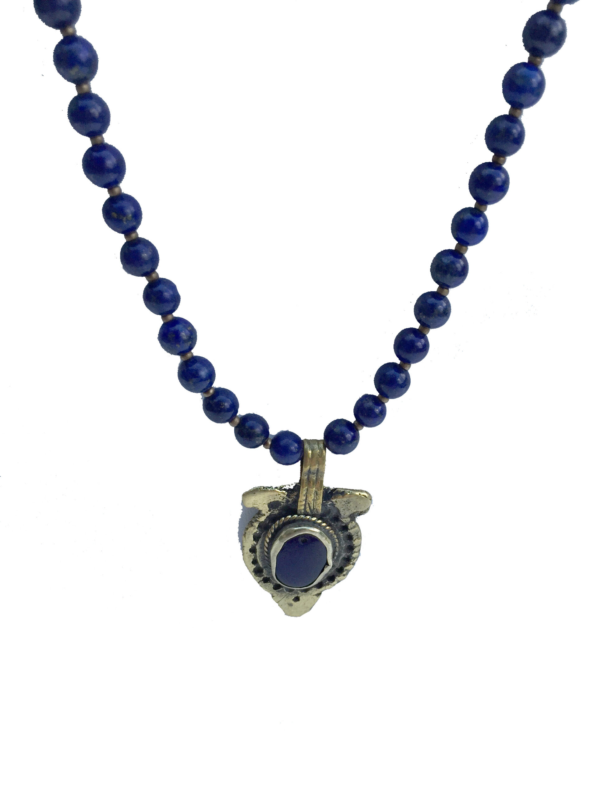 Brass Ethnic Lapis Lazuli Pendant Hanging on Lapis Chain - Image 4