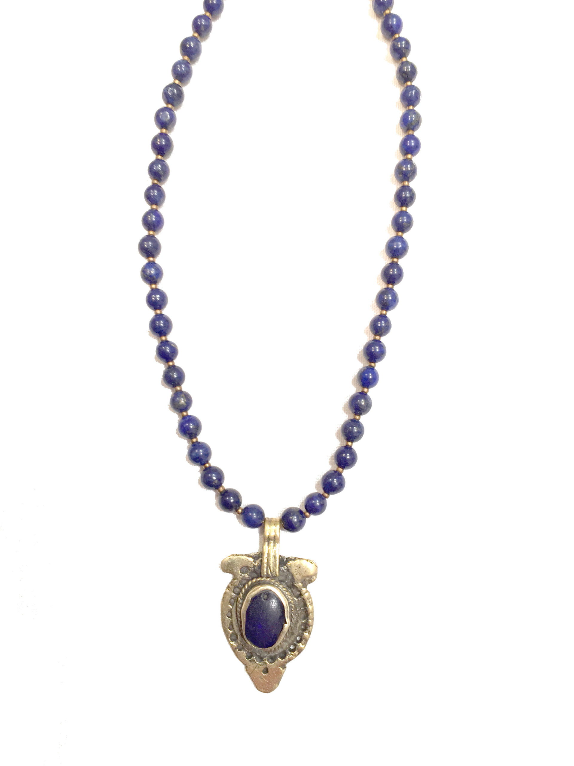 Brass Ethnic Lapis Lazuli Pendant Hanging on Lapis Chain - Image 2