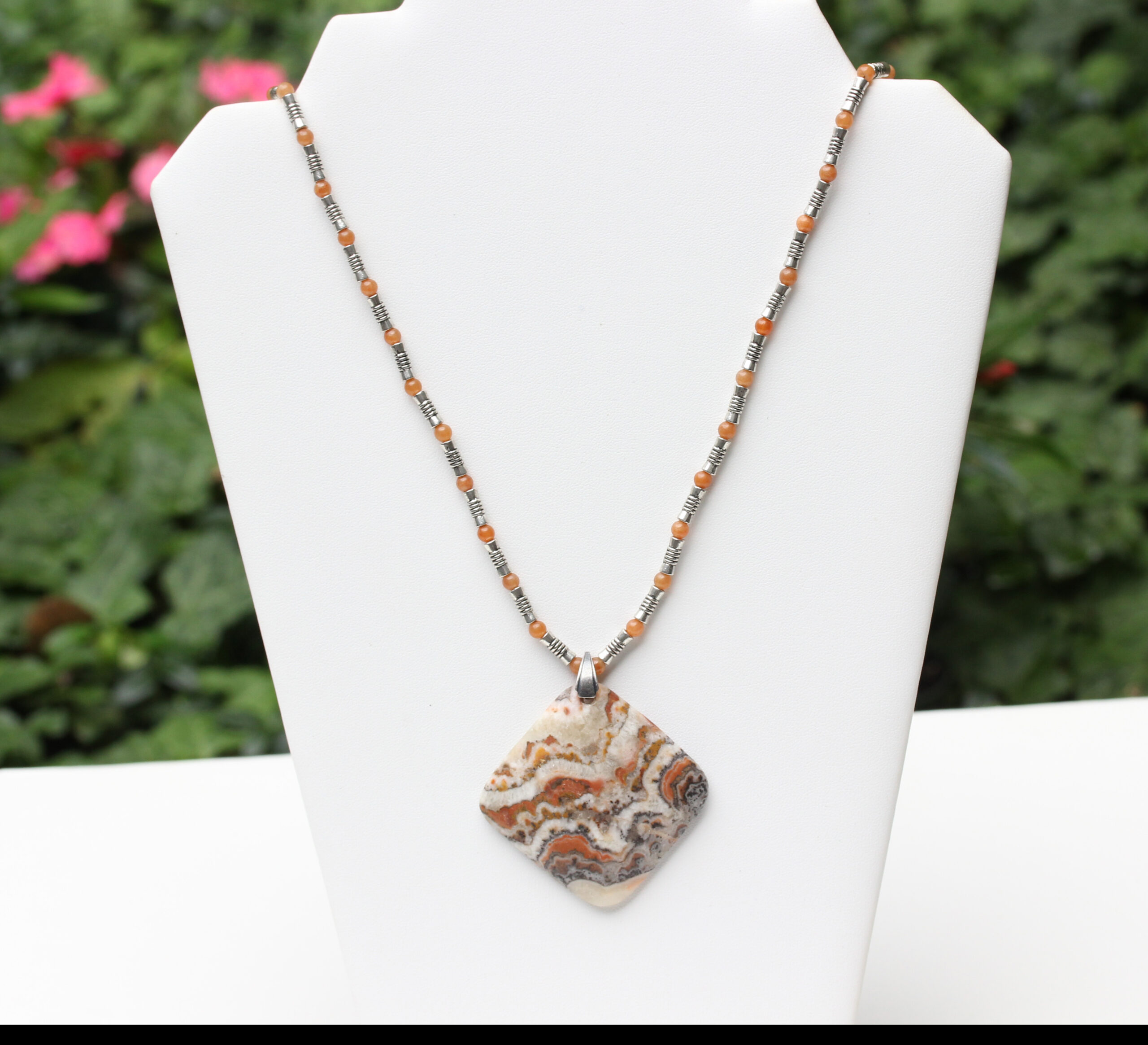 Gray White Orange Jasper Pendant/Necklace on Handmade Chain - Image 4