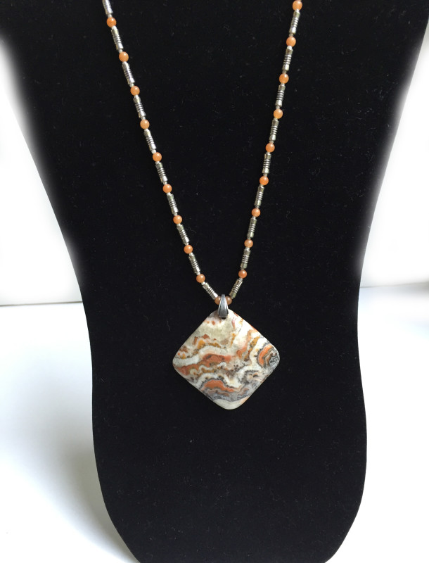 Gray White Orange Jasper Pendant/Necklace on Handmade Chain