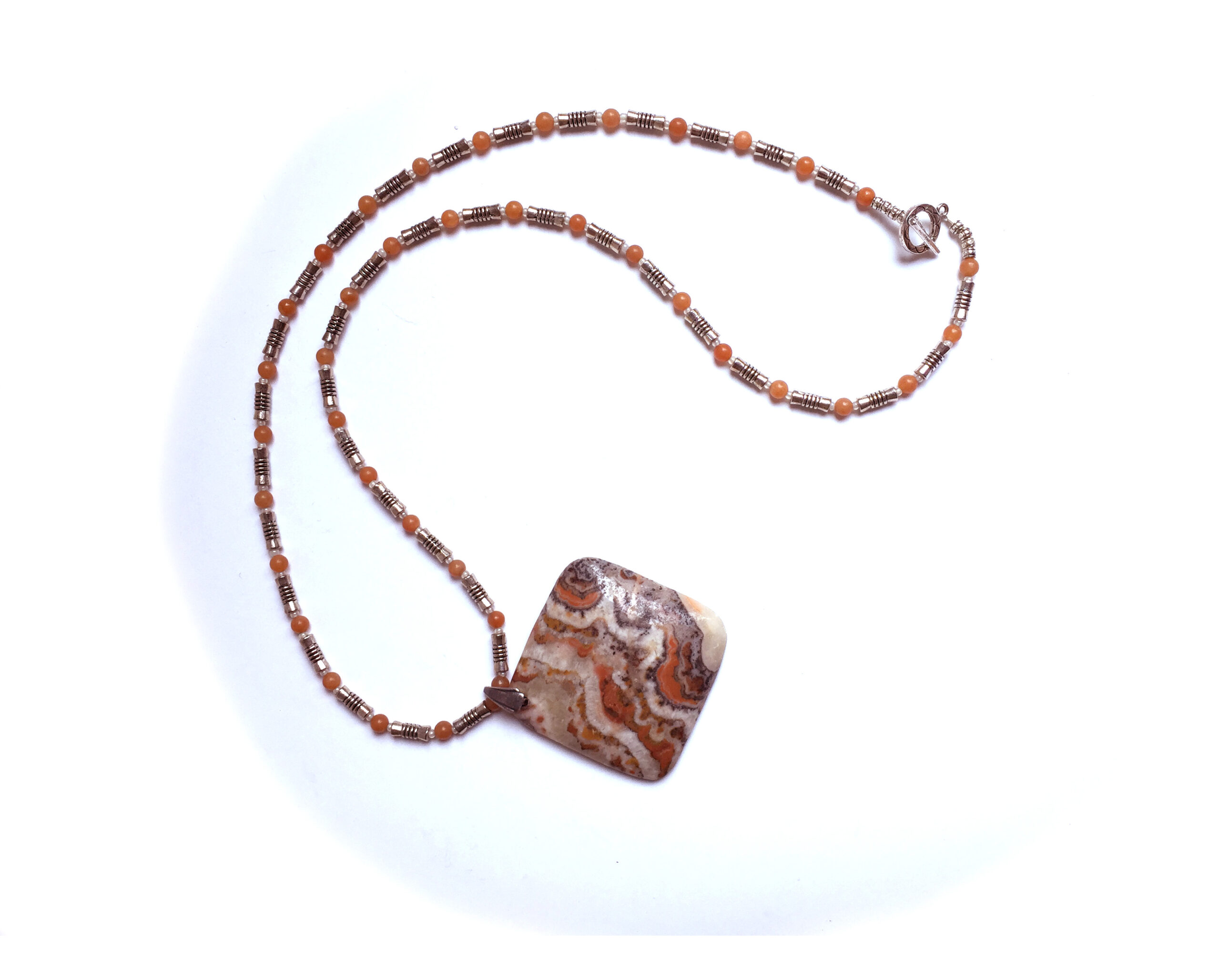 Gray White Orange Jasper Pendant/Necklace on Handmade Chain - Image 2