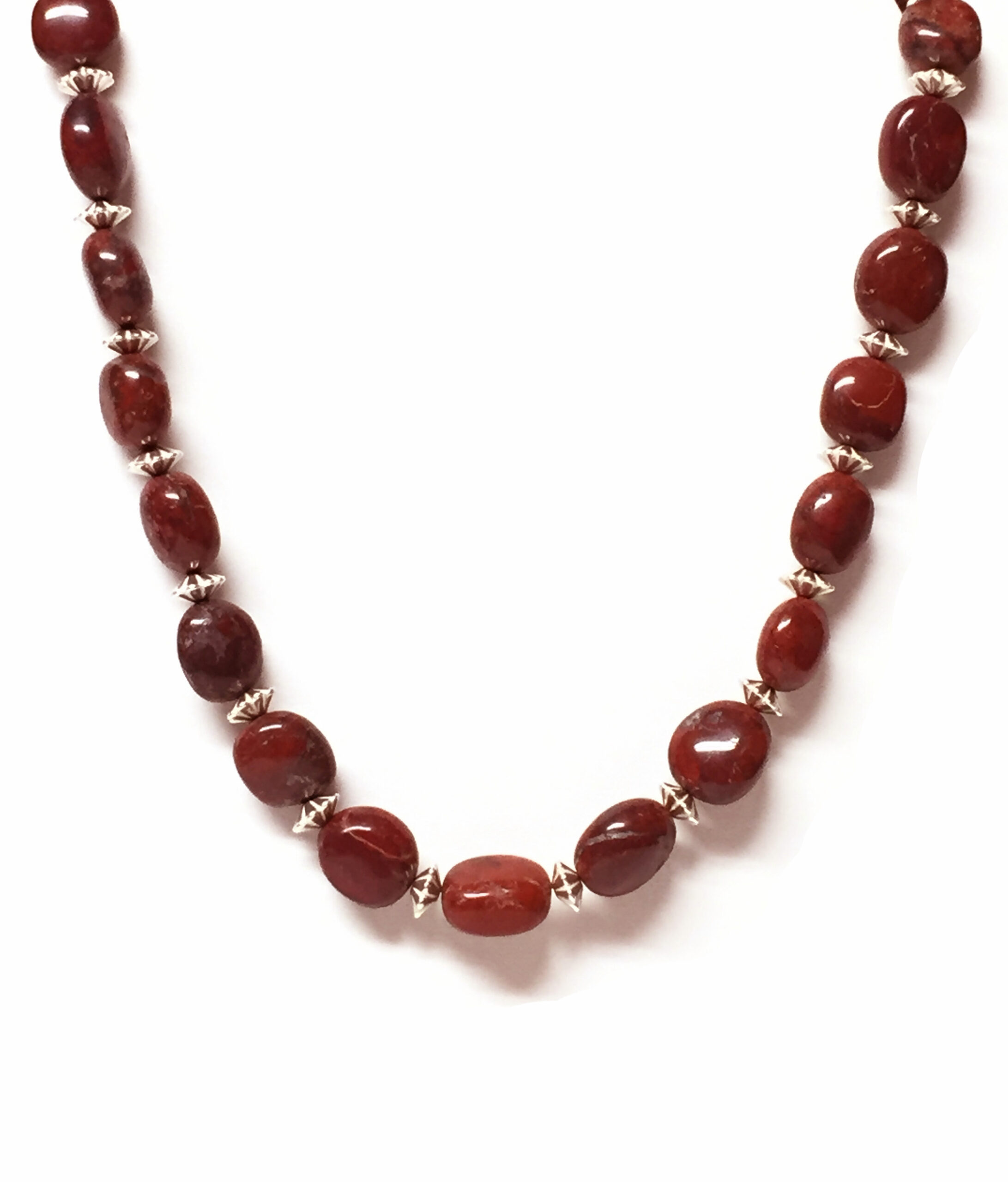 Wine Color Necklace with “Red Jasper” Nuggets and Silver Florets