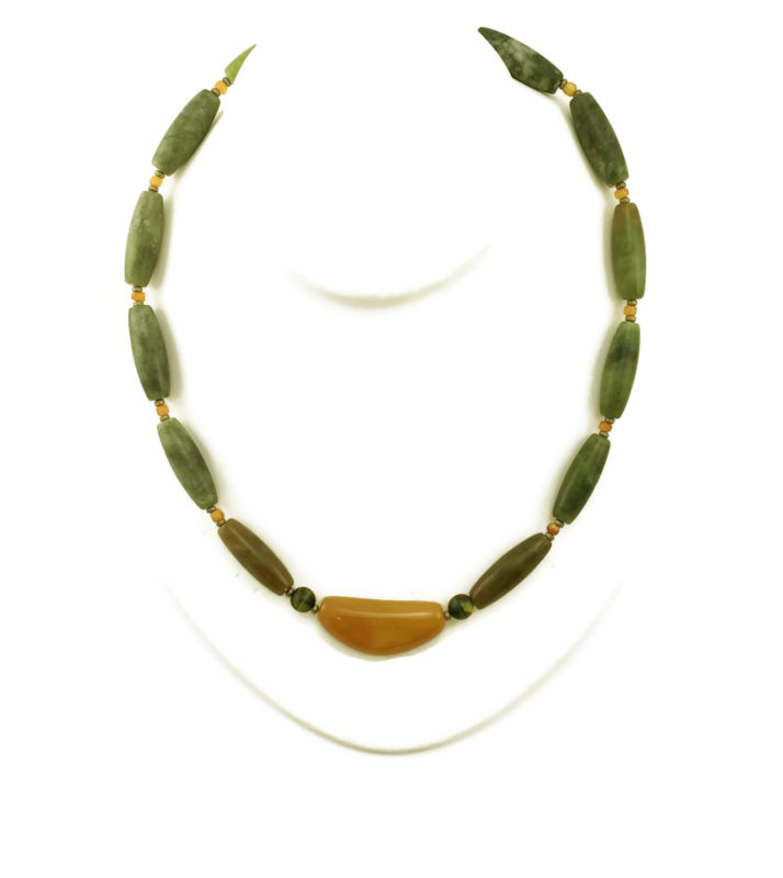 Green Moss Agate Necklace with Mustard Yellow Moon Focal. One-of-a-Kind
