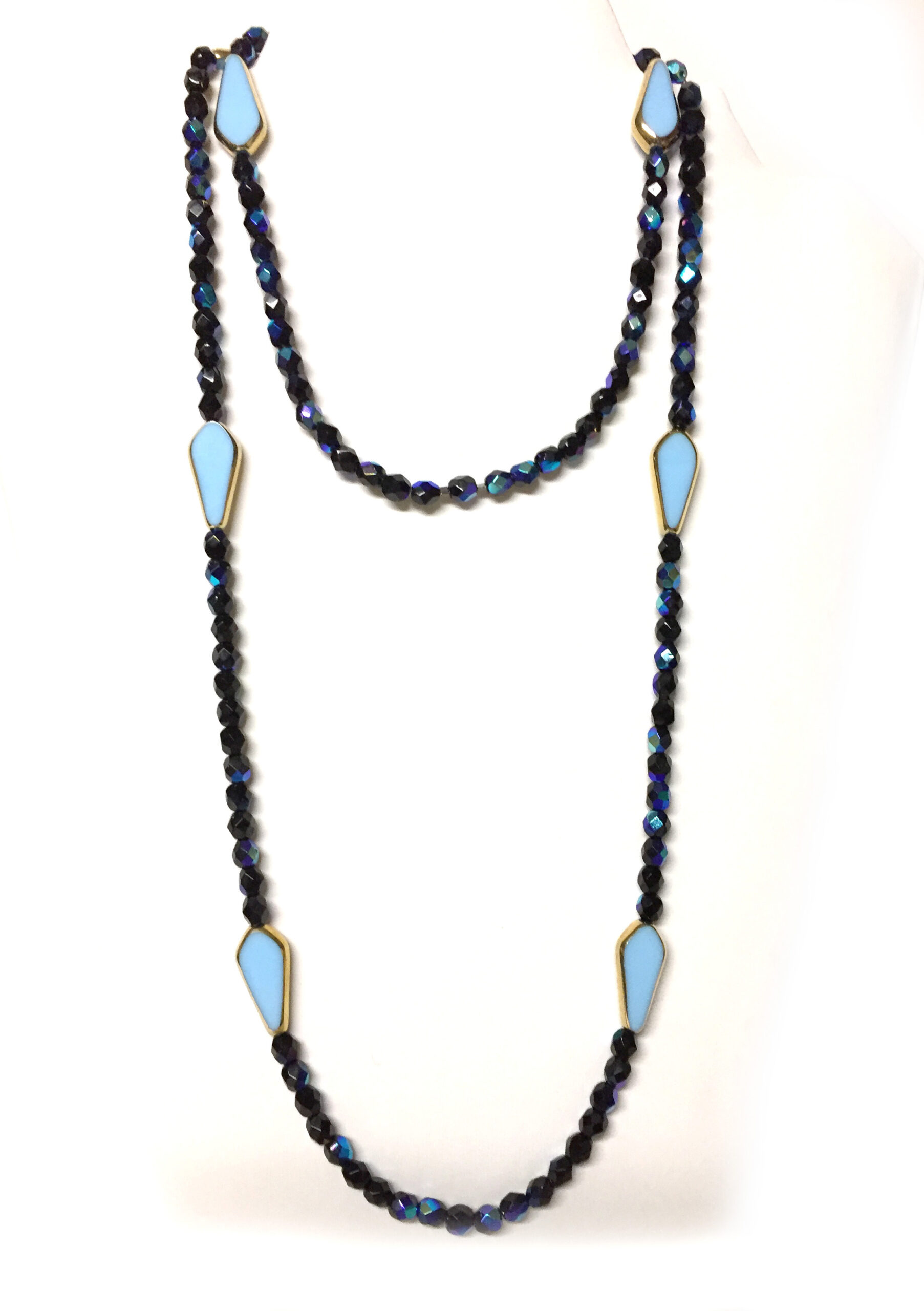 Black and Blue Aurora Borealis Long Necklace with Vintage Art Deco beads