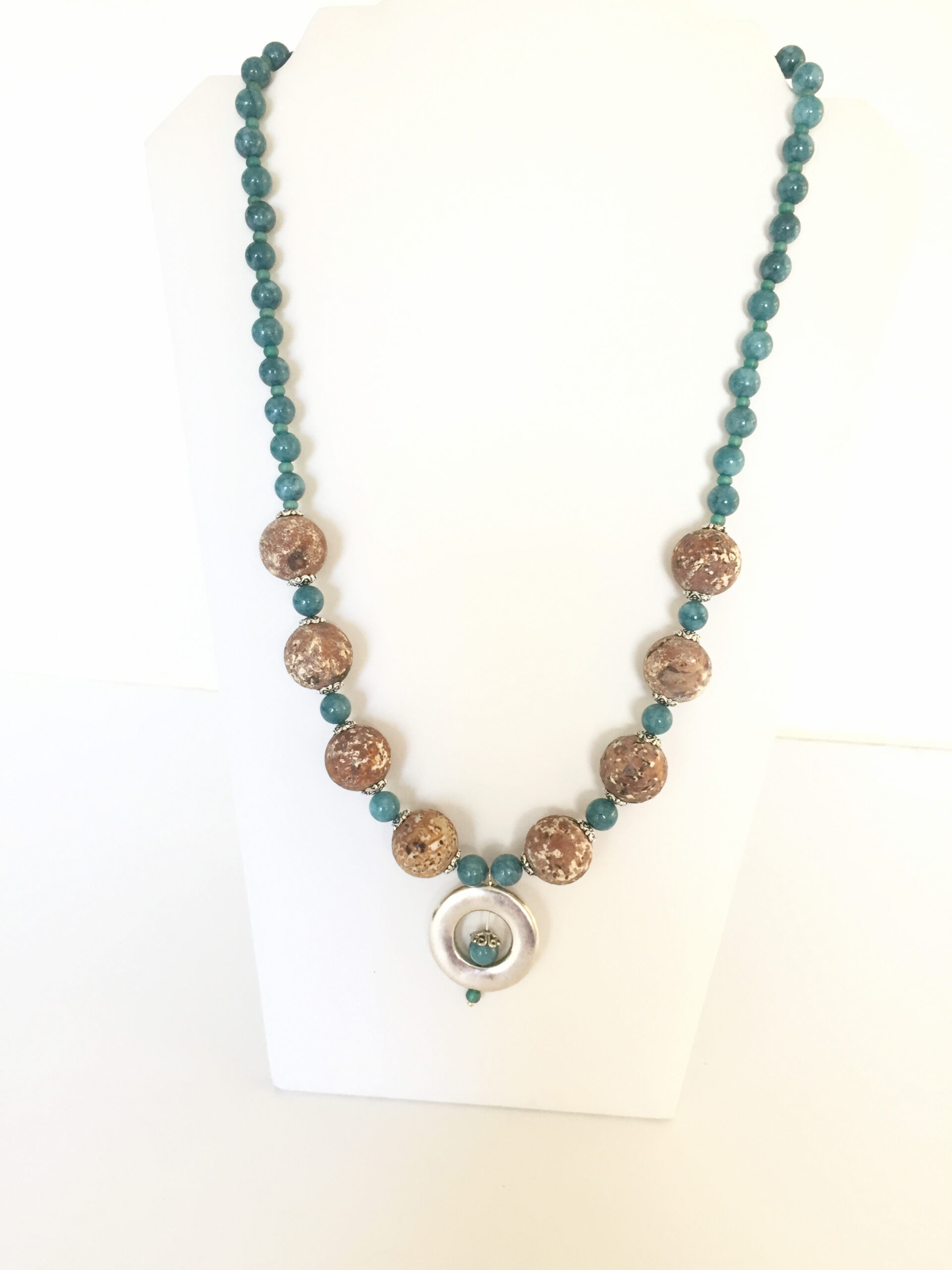 Light Brown Brazilian Unpolished Agate Necklace with Aqua Chain and Silver Pendant